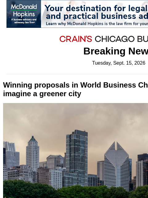 crainalerts newsletter: World Business Chicago picks design contest winner...