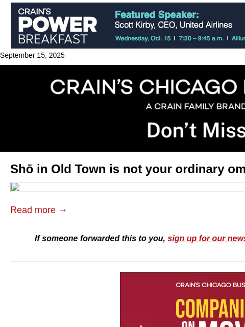 crainalerts newsletter: Reimagining omakase in Old Town