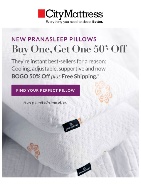 citymattress newsletter: Our #1 Pillow is now BOGO 50% off
