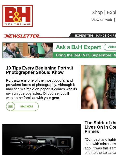 bhphotovideo newsletter: Beginner Portrait Tips, Spirit of the Rangefinder,...