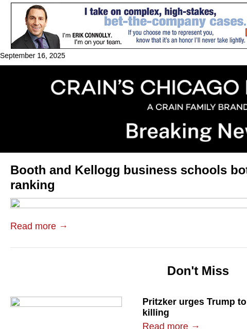 crainalerts newsletter: Booth, Kellogg biz schools drop in new ranking