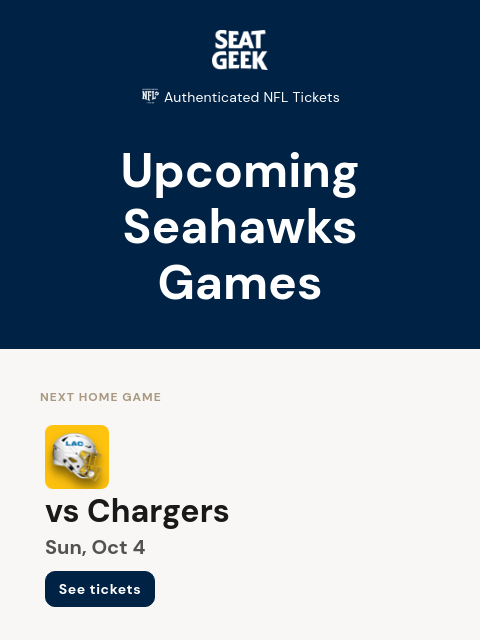 seatgeek newsletter: Coming up: Seahawks vs. Chargers