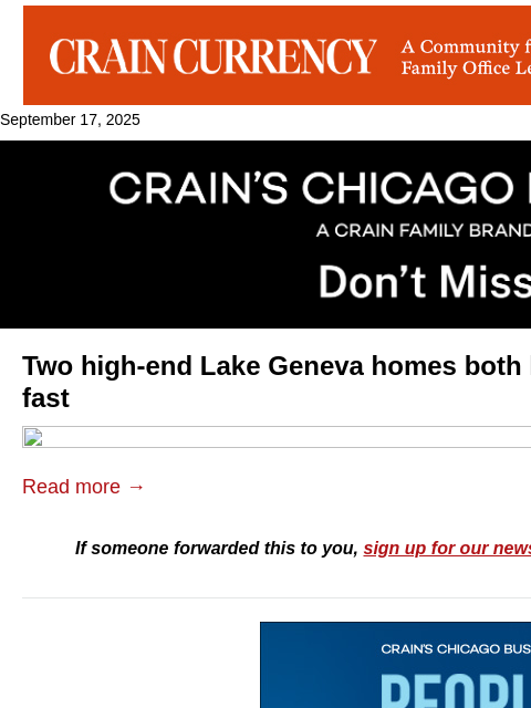 crainalerts newsletter: 2 Lake Geneva homes land buyers ultra-fast