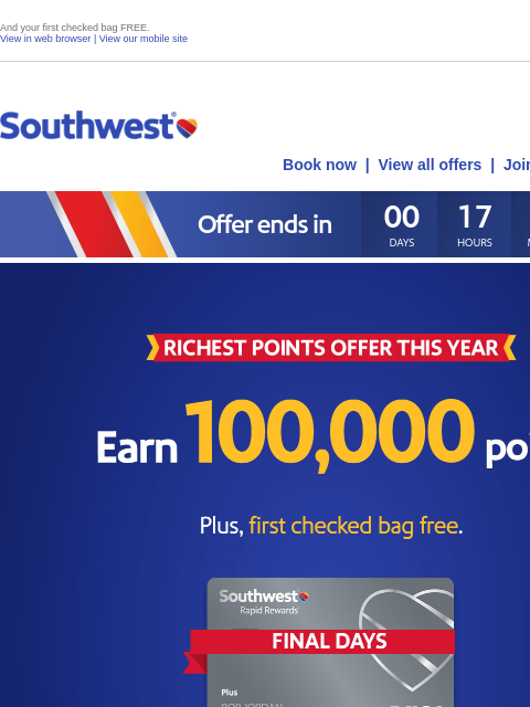 southwest newsletter: Final day to earn 100,000 points, plus new benefit...