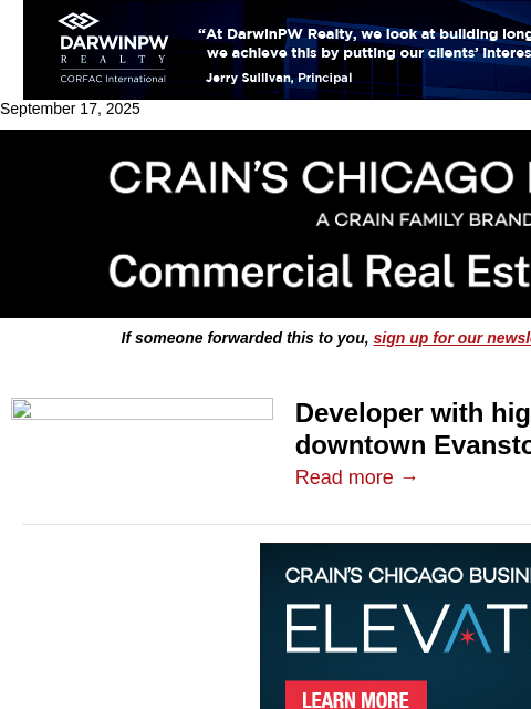 crainalerts newsletter: Firm buys Evanston plaza, plans high-rise
