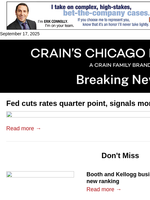 crainalerts newsletter: Fed cuts interest rate, signals more to come