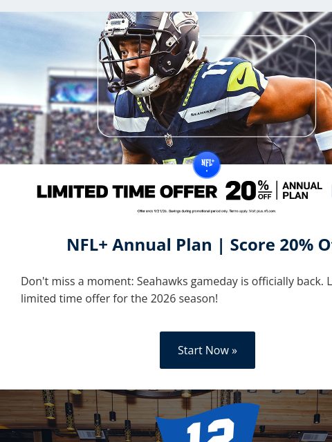 seahawksemail newsletter: Score 20% Off an NFL+ Annual Plan!