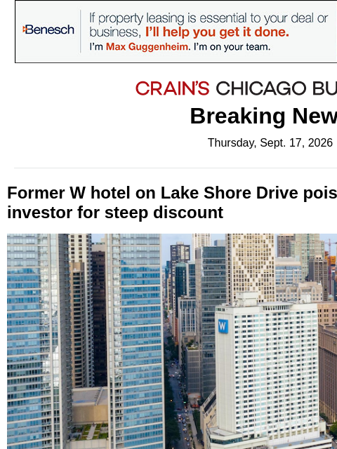 crainalerts newsletter: Former W hotel poised to sell at big discount