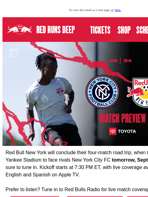 newyorkredbulls newsletter: How to Watch RBNY vs. NYCFC Tomorrow! ⚽️📺