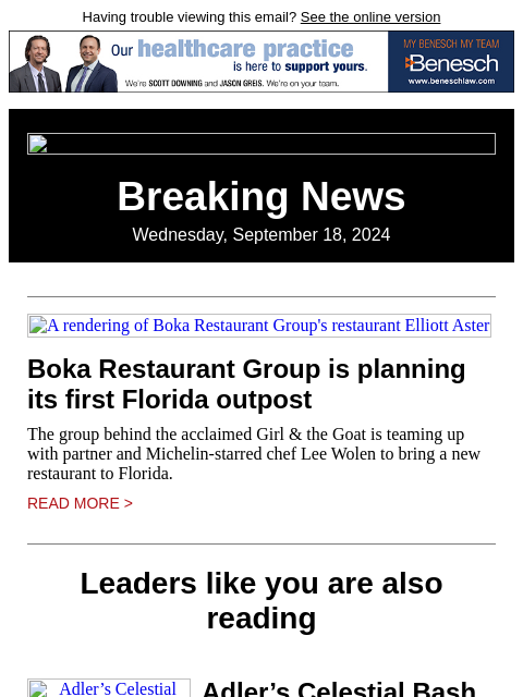 Having trouble viewing this email? See the online version Breaking News Wednesday, September 18, 2024 A rendering of Boka Restaurant Group's restaurant Elliott Aster Boka Restaurant Group is