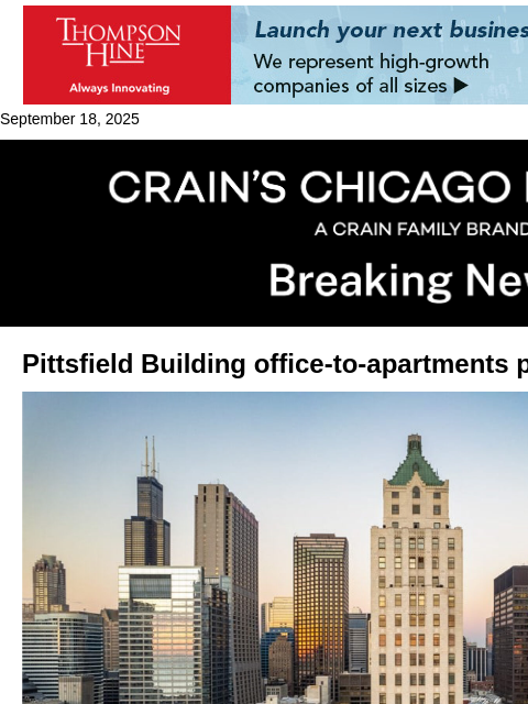 crainalerts newsletter: Pittsfield Building office-to-apartments redo wins...