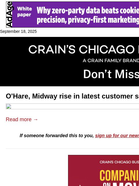 crainalerts newsletter: O'Hare, Midway customer satisfaction rises