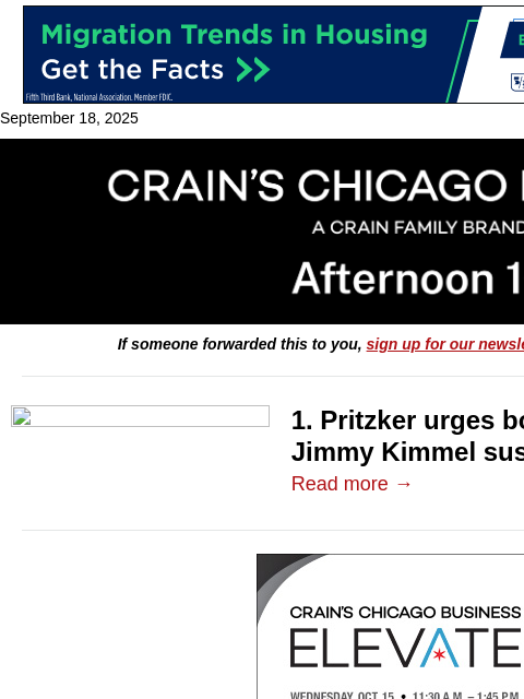 crainalerts newsletter: Pritzker urges boycotts over Kimmel suspension