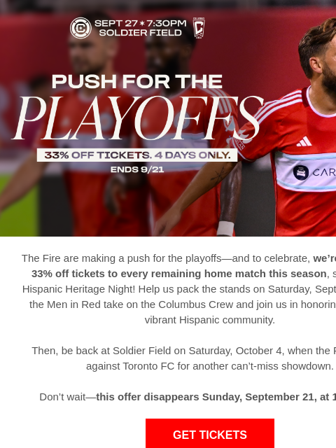 chicagofirefc newsletter: The Playoff Push Is On—Score 33% Off Fire Tickets ...