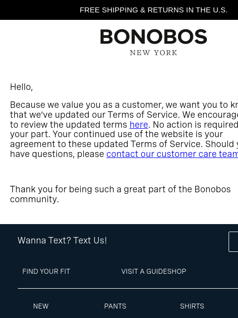 bonobos newsletter: An Update to Our Terms & Conditions