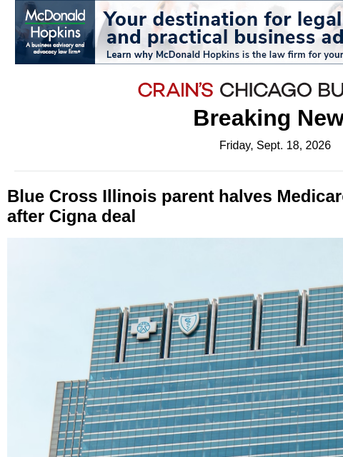 crainalerts newsletter: Huge Medicare Advantage cuts at HCSC