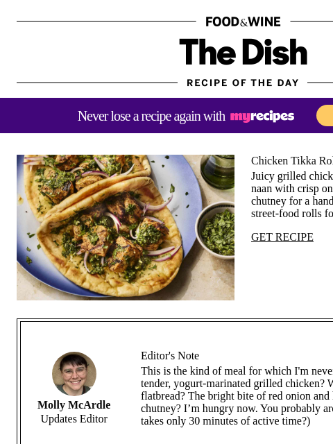 foodandwine newsletter: Chicken Tikka Rolls