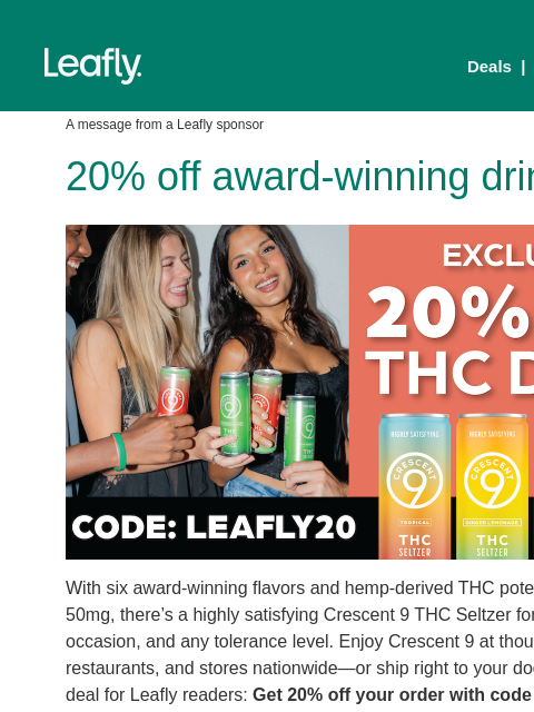 leafly newsletter: 20% off beverages 🌿
