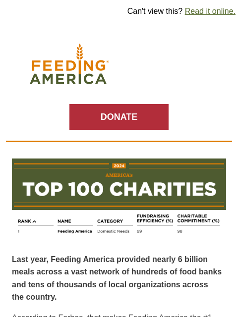 feedingamerica newsletter: We're ranked U.S.'s #1 charity—here's what it mean...