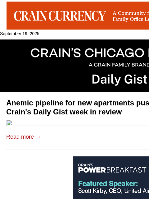 crainalerts newsletter: Anemic pipeline for new apartments pushes downtown...