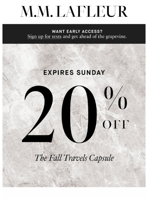 mmlafleur newsletter: 72 HRS: 20% Off The Fall Travels Capsule