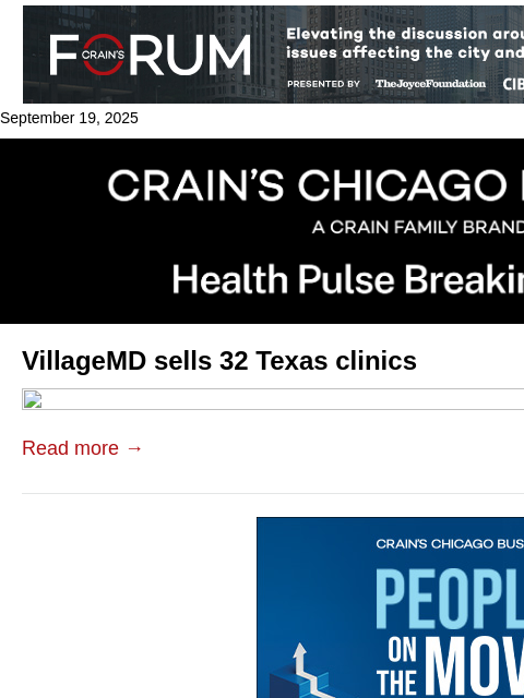 crainalerts newsletter: VillageMD sells 32 Texas clinics