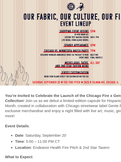 chicagofirefc newsletter: Chicago Fire x Gente Fina Launch Party — You’re In...