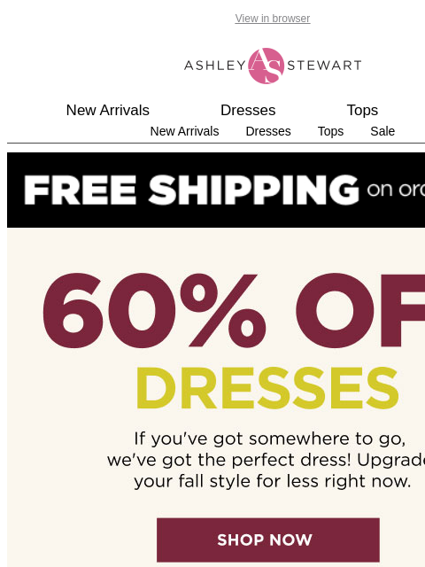 ashleystewart newsletter: ATTN: 📢 60% off dresses
