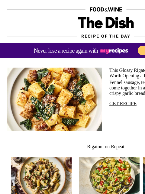 foodandwine newsletter: Rigatoni with Kale and Sausage