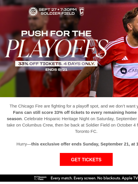 chicagofirefc newsletter: Time’s Running Out—33% Off Fire Tickets Ends Sunda...
