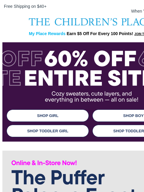 childrensplace newsletter: Fall Cozy Fits. Cute Layers. 60% OFF.