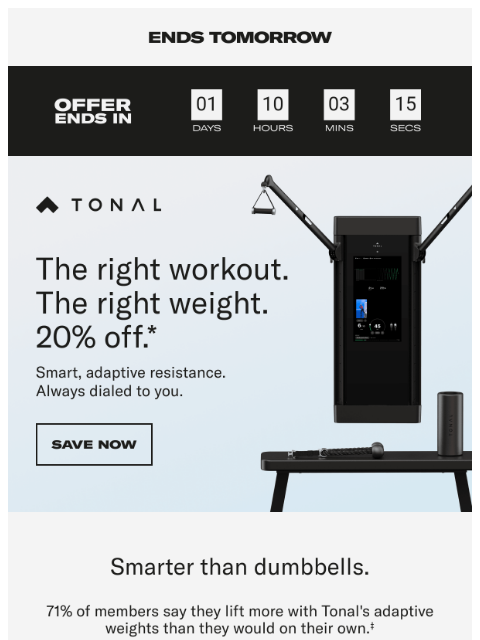 tonal newsletter: 20% off ends tomorrow.
