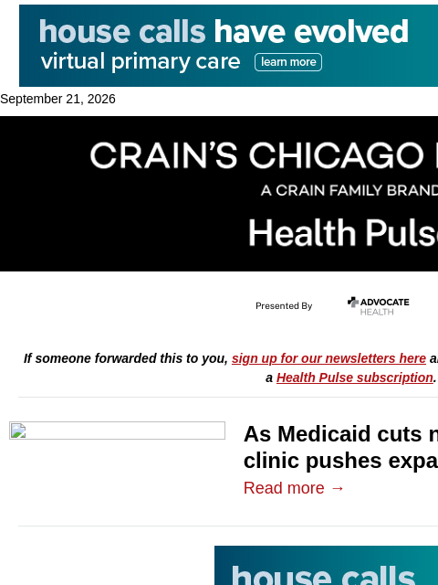 crainalerts newsletter: Free clinic expands as Medicaid cuts loom