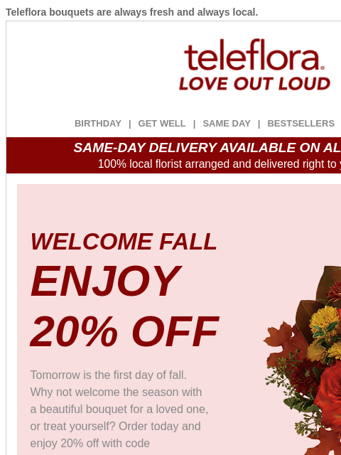 teleflora newsletter: Celebrate First Day of Fall 🍁 Enjoy 20% Off