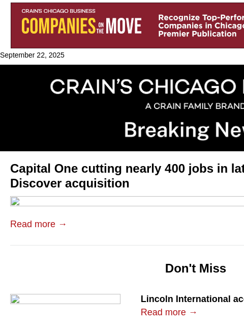 crainalerts newsletter: Capital One cuts another 400 Discover jobs