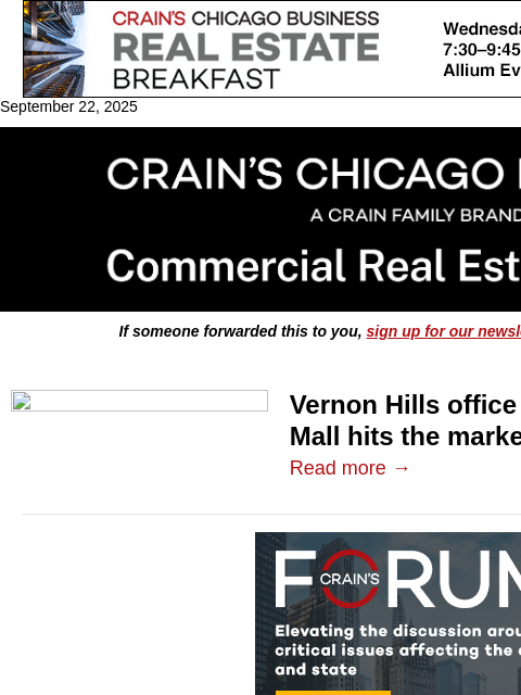 crainalerts newsletter: Vernon Hills office building hits the market