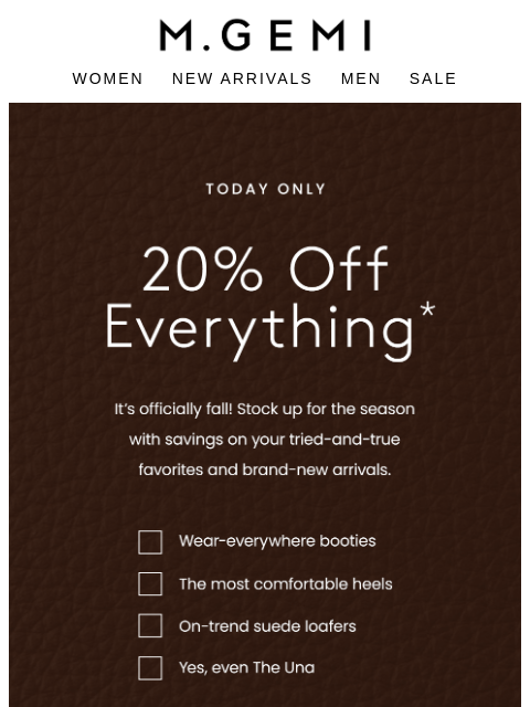 mgemi newsletter: 20% OFF EVERYTHING