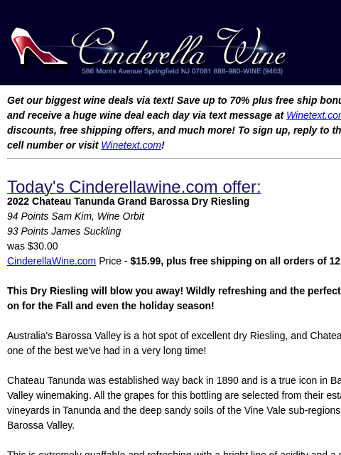 winelibrary newsletter: 2022 Chateau Tanunda Grand Barossa Dry Riesling (9...