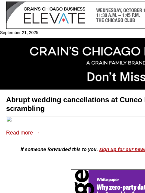 crainalerts newsletter: Cuneo Mansion fallout hits 2026 nuptials