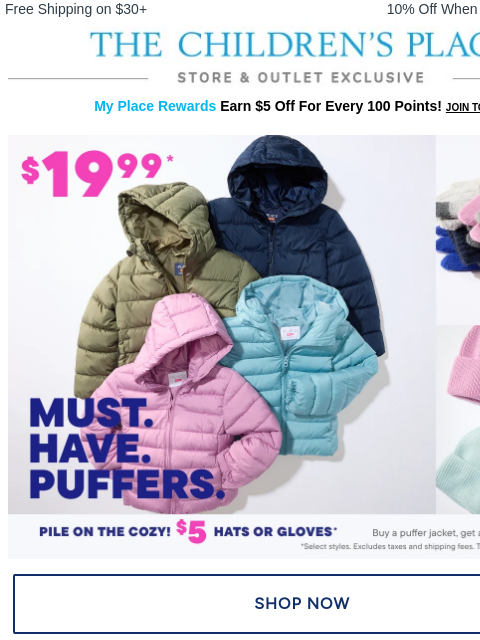 childrensplace newsletter: Puffer Event! In Store Only!