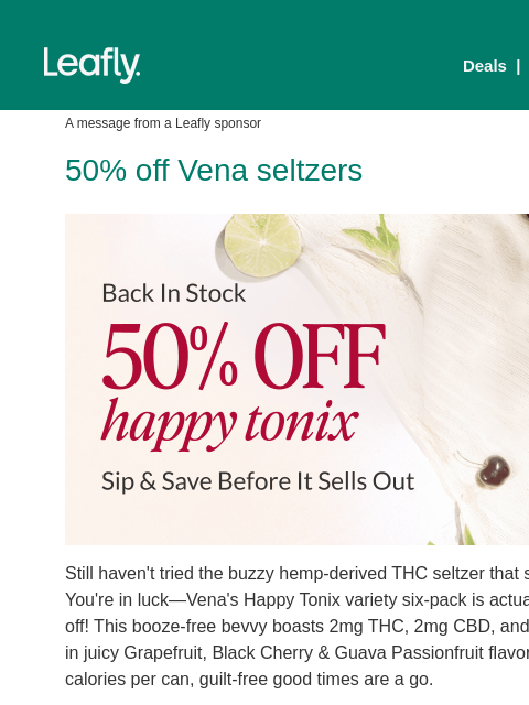 leafly newsletter: 50% off hemp-derived THC seltzer! 🥂