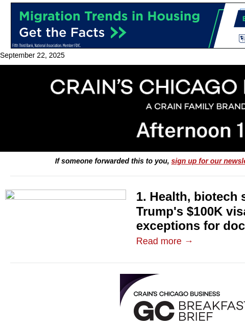 crainalerts newsletter: $100K visa fee rattles Chicago's health sector