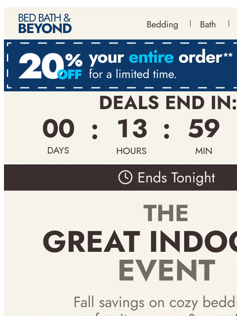 bedbathandbeyond newsletter: Ends tonight: The Great Indoors Event | Up to 50% ...