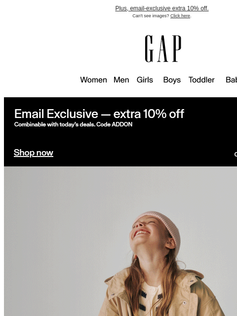 gap newsletter: Last day for up to 50% off + extra 30% with your c...