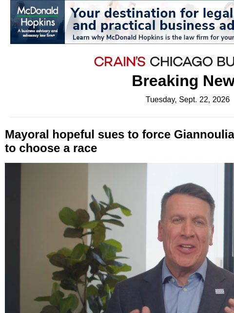 crainalerts newsletter: Mayoral hopeful sues Giannoulias, Pappas and Quigl...