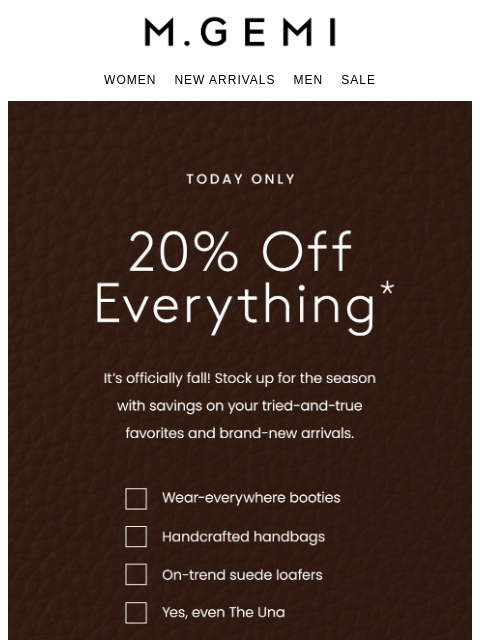 mgemi newsletter: 20% OFF EVERYTHING
