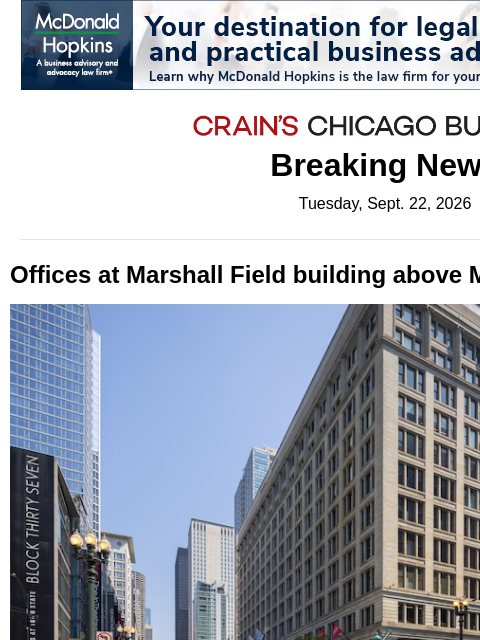 crainalerts newsletter: Offices at Marshall Field building go up for sale