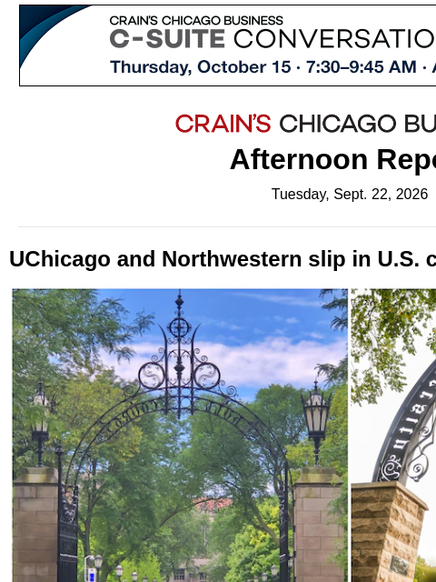 crainalerts newsletter: UChicago and Northwestern slip in rankings