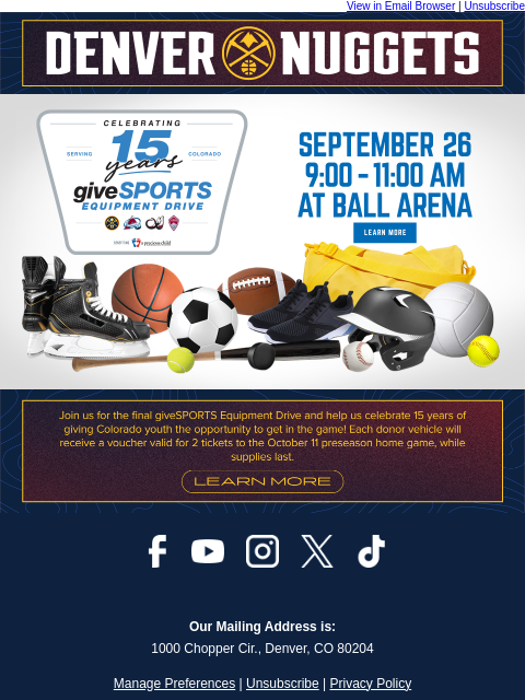 thedenvernuggets newsletter: Give Back with the giveSPORTS Equipment Drive