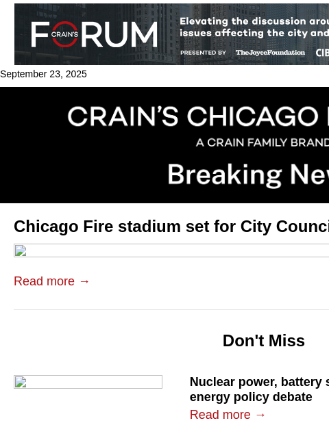 crainalerts newsletter: Chicago Fire stadium set for City Council approval